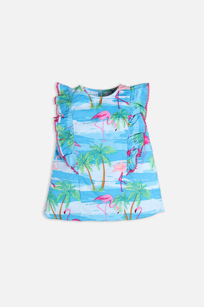 Flamingos printed top with lace trims 100% cotton fabric